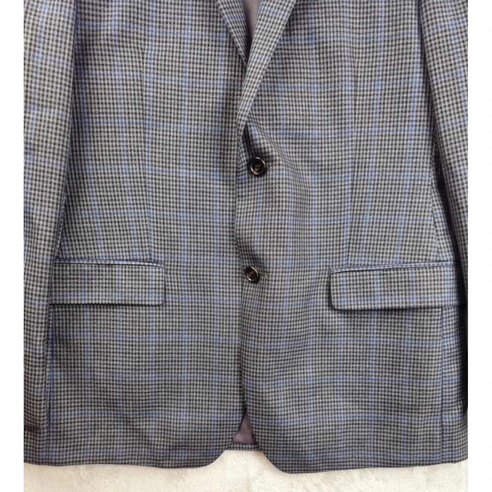 Ralph Lauren Blazer 42R Houndstooth Windowpane Plaid‎ Gray Blue Wool Silk Blend